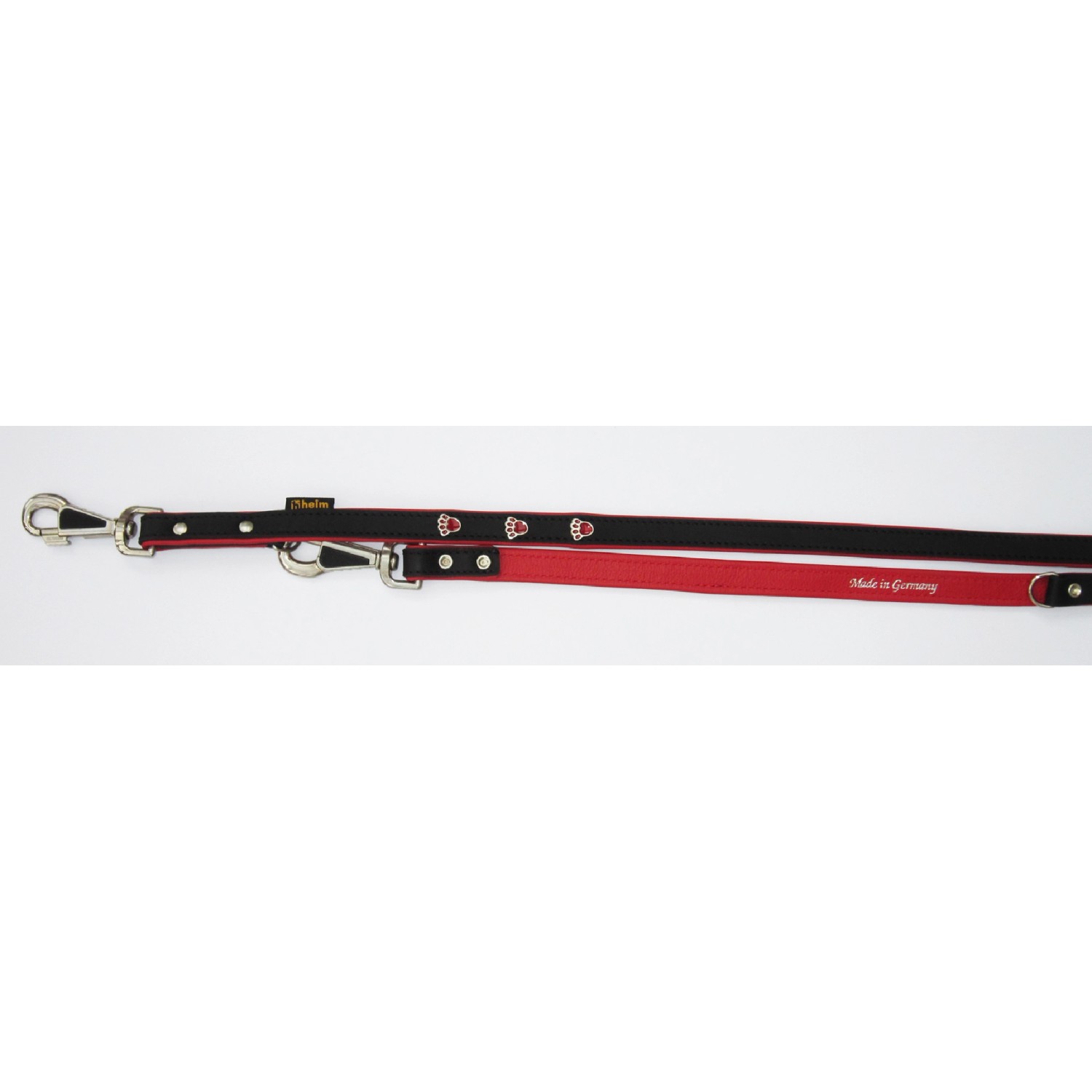 Schwarze Heim Hundeleine mit roten Pfoten, 16 mm breit, 200 cm lang und 3-fach verstellbar.