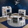 Weißes Joyz Kinderregal mit Weltraum-Motiv und 9 Aufbewahrungsboxen im Kinderzimmer.