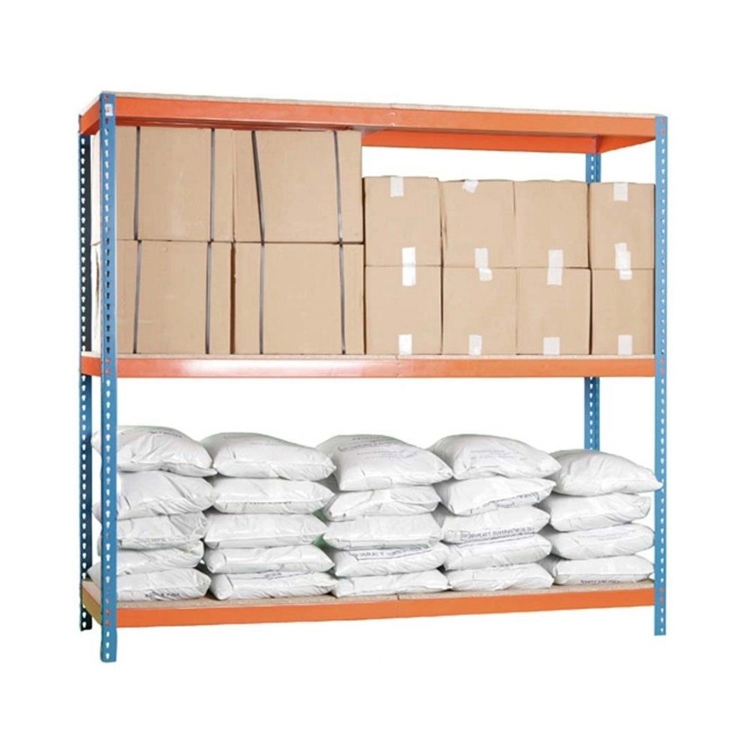 Belastbares blau-oranges Schwerlastregal mit Holzfächern, beladen mit Kartons und Säcken.