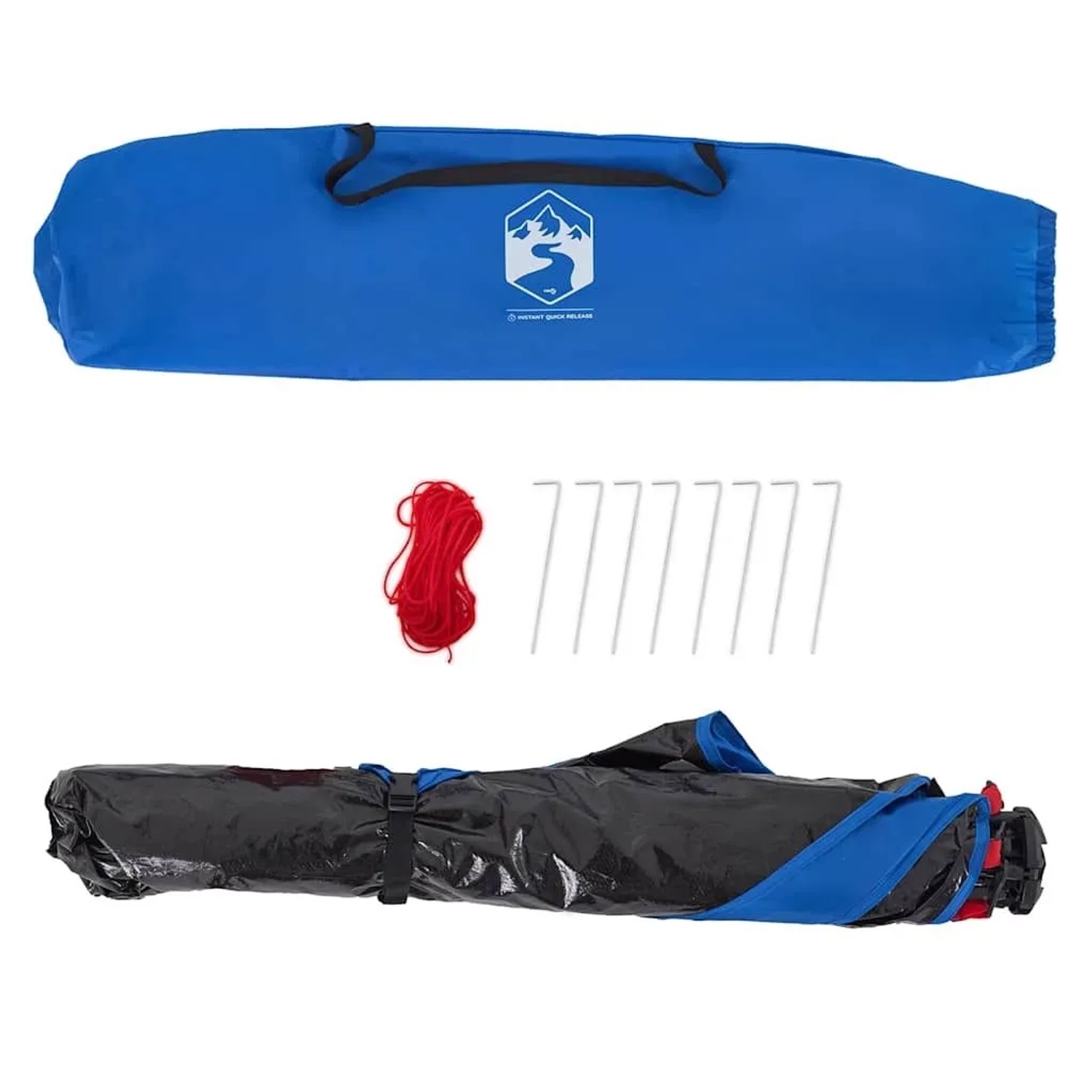 vidaXL Strandzelt Azurblau für 2 Personen, verpackt mit Heringen und Seil in Tragetasche.