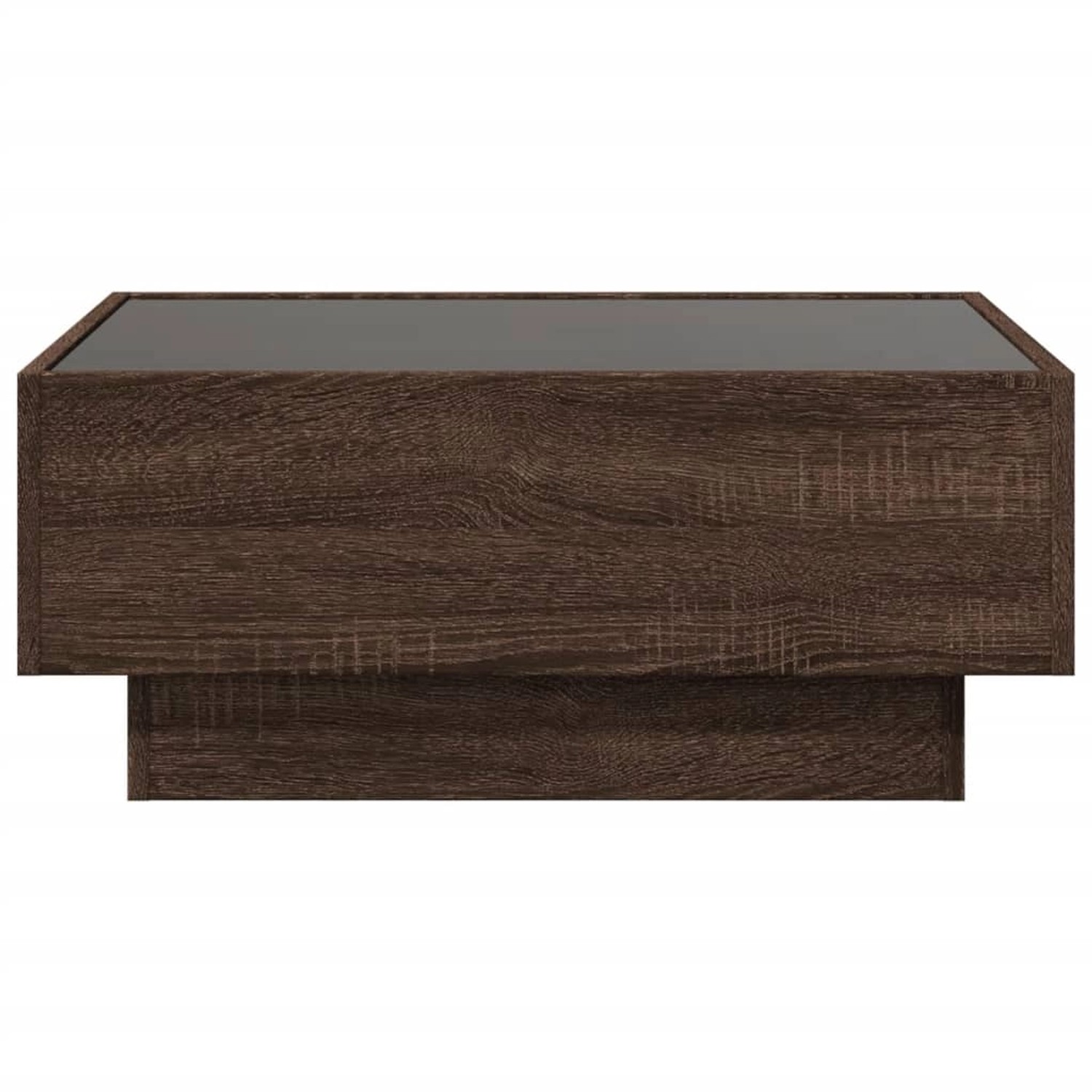 LED-Couchtisch in Braun Eichen-Optik, Tisch aus Holzwerkstoff mit Glasplatte.