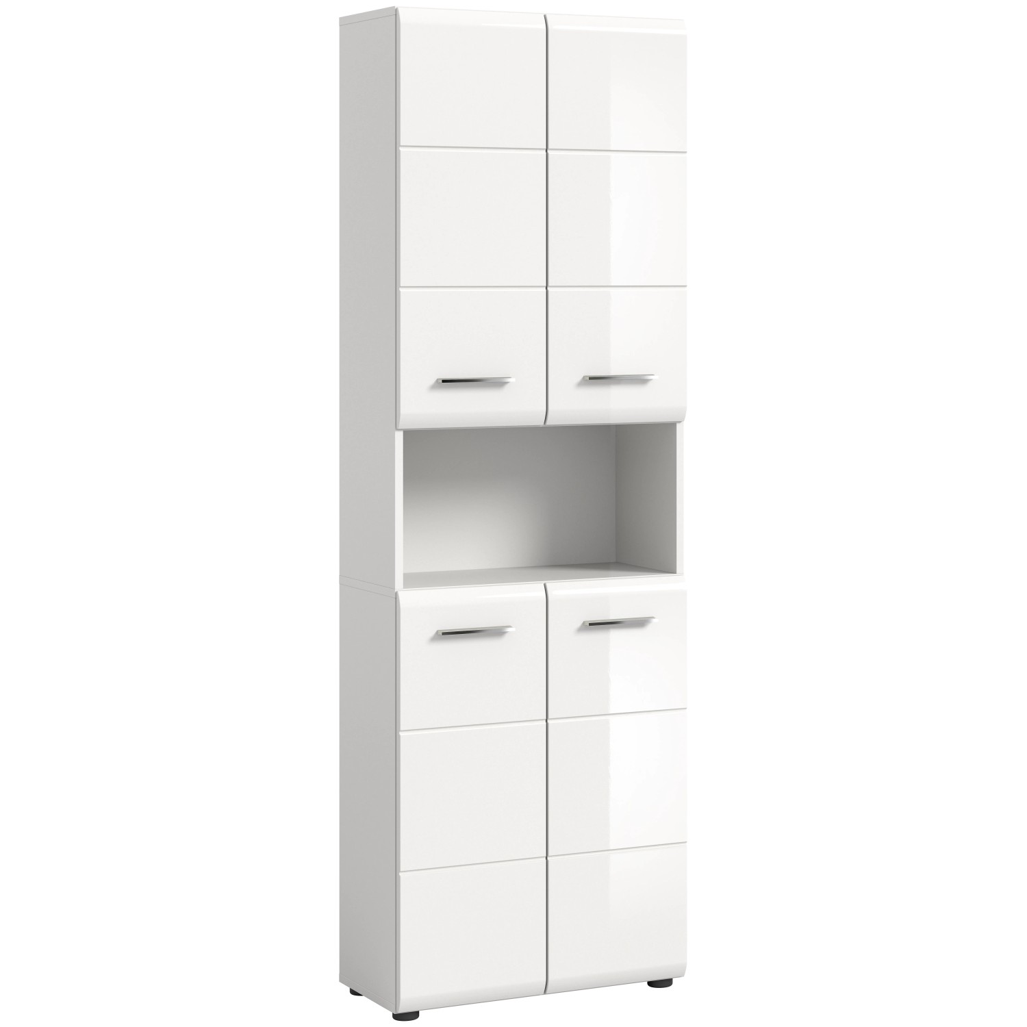Weißer Bad Hochschrank Ice, 60x185x30 cm, mit Hochglanzfronten und viel Stauraum.