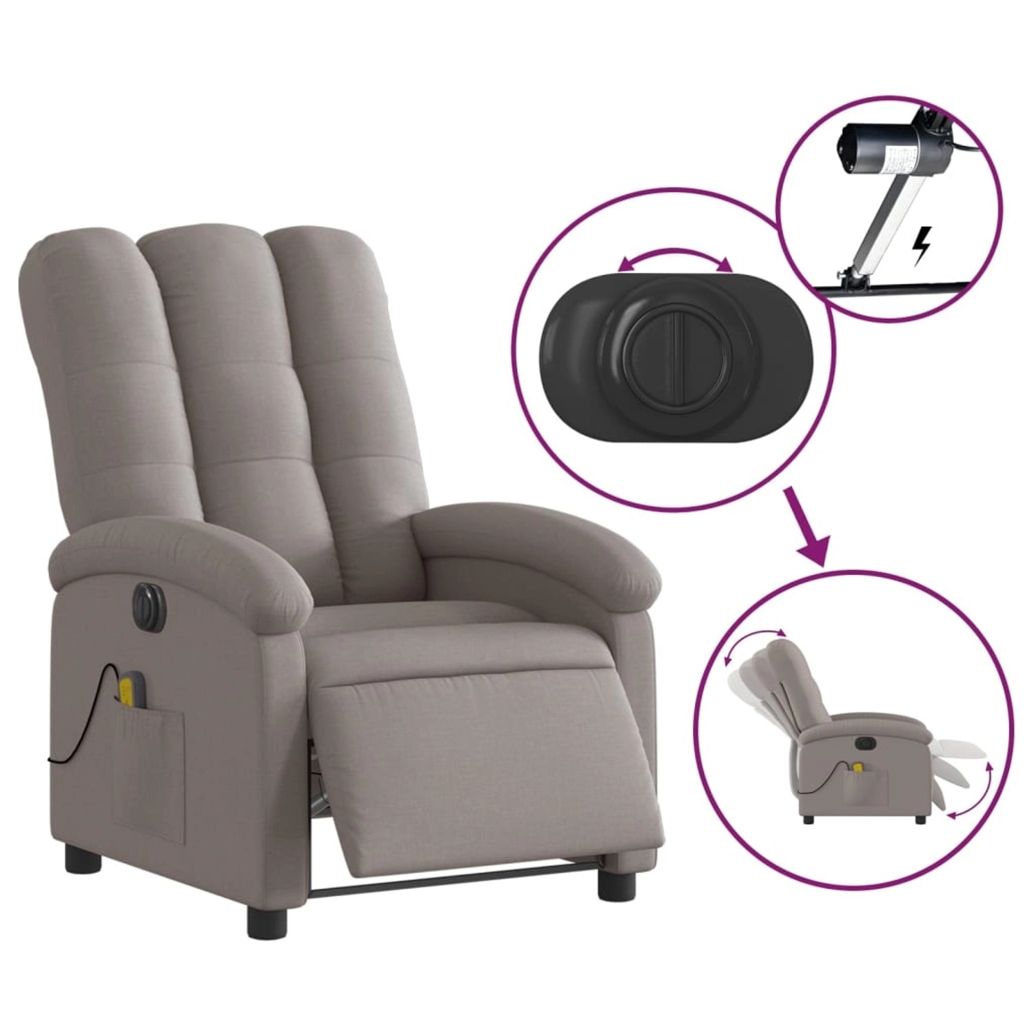 Elektrischer Massagesessel Taupe von vidaXL mit Relaxfunktion und seitlicher Tasche.