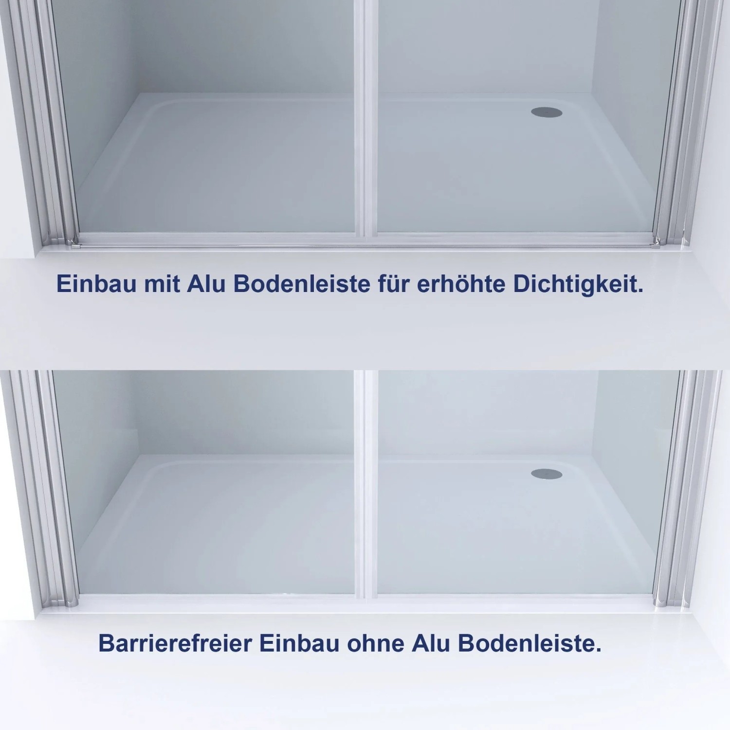 Duschkabine Nischentür: Zwei Einbauvarianten der Glastür. Oben mit Alu Bodenleiste für Dichtigkeit, unten barrierefrei ohne.