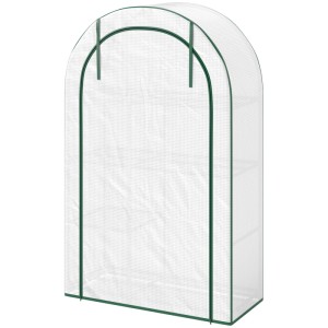 Weißes Mini-Gewächshaus mit 4 Stufen, Kunststoff-Abdeckung und grünem Rahmen. Ideal für den kleinen Garten.