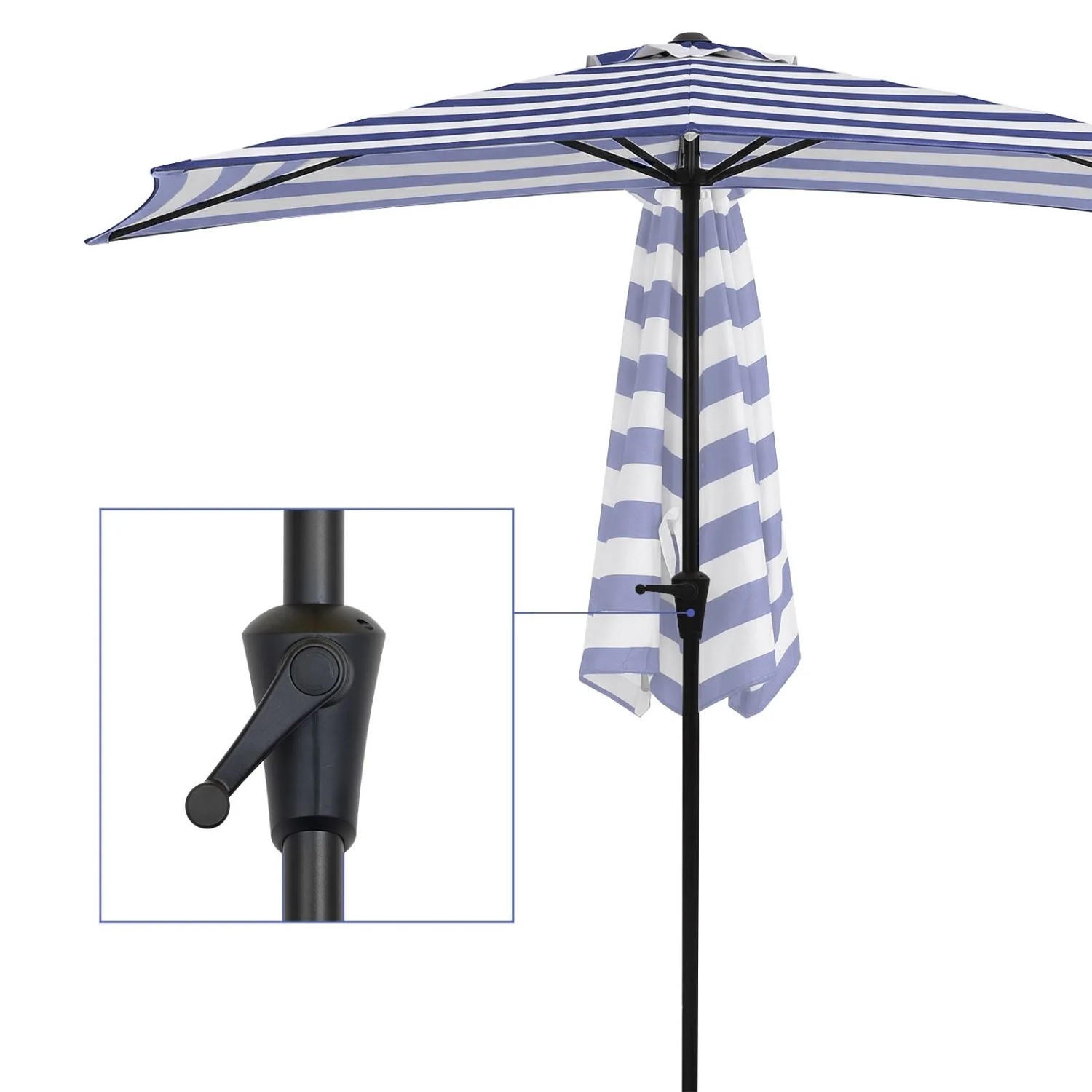 Sekey halbrunder Balkonschirm 270 cm mit Kurbel, blau-weiß gestreift.