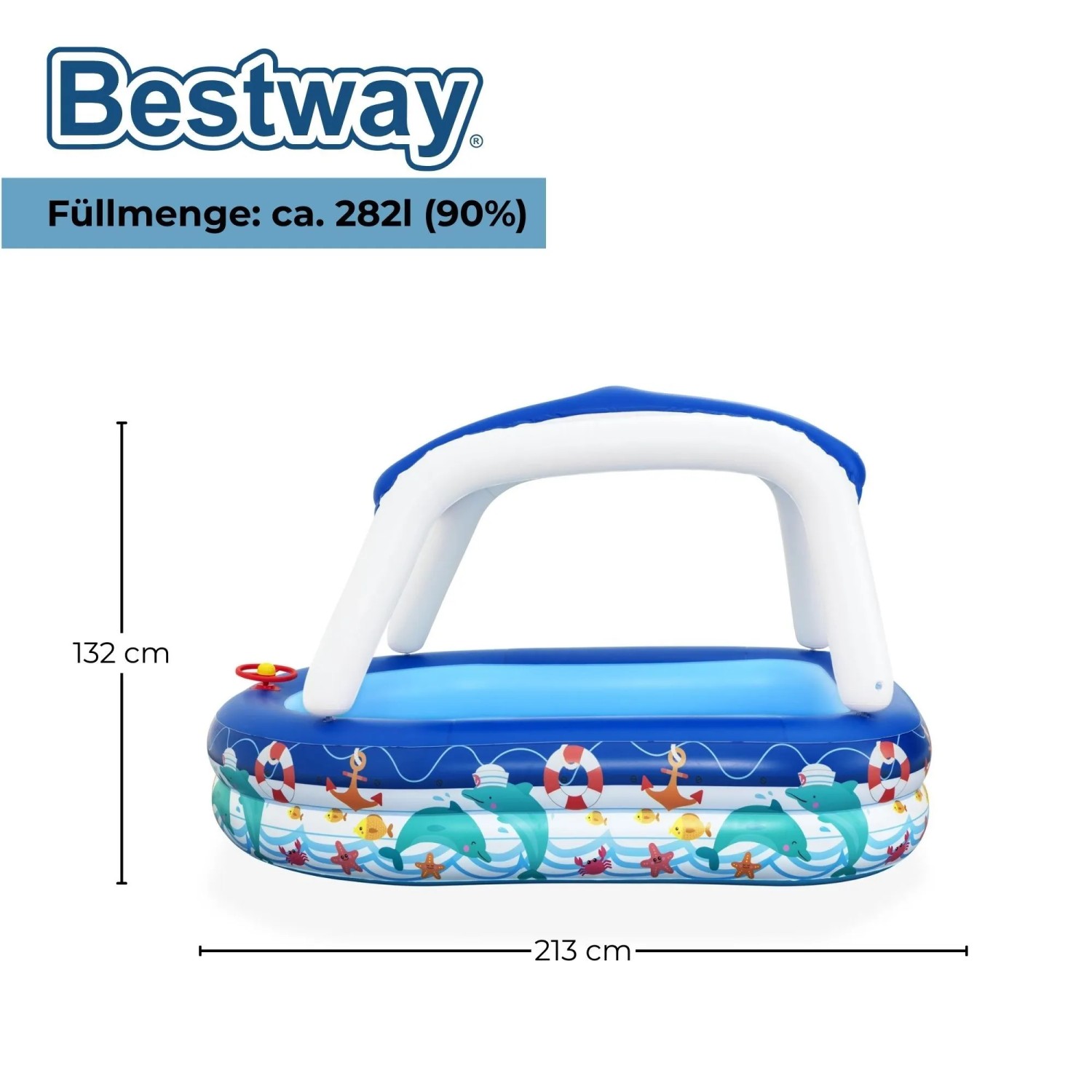 Bestway Family Pool Sea Captain mit Sonnendach, 213x155x132 cm, blau mit maritimem Muster.