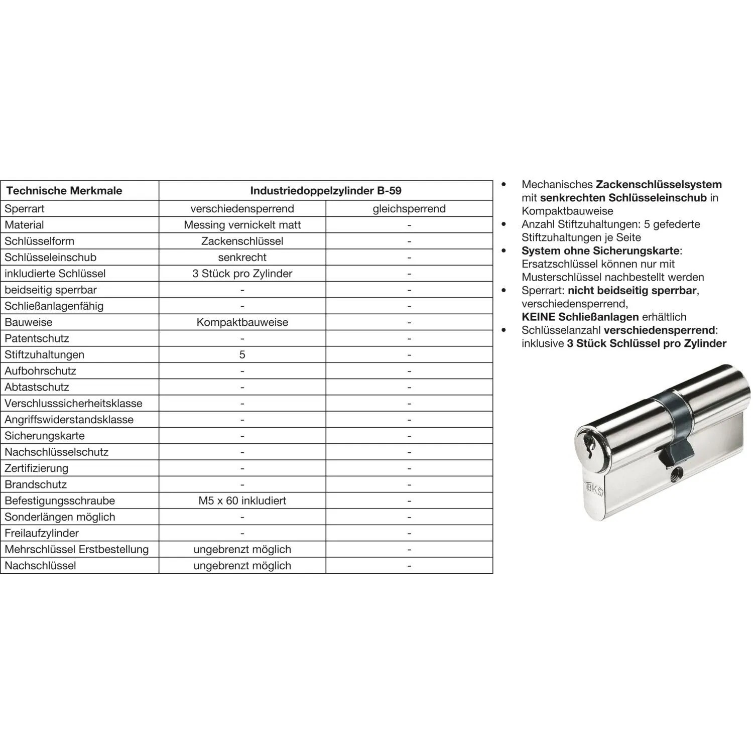 Bks Industriedoppelzylinder B-59 31/50 mm Verschiedensperrend Messing Vernickelt_3
