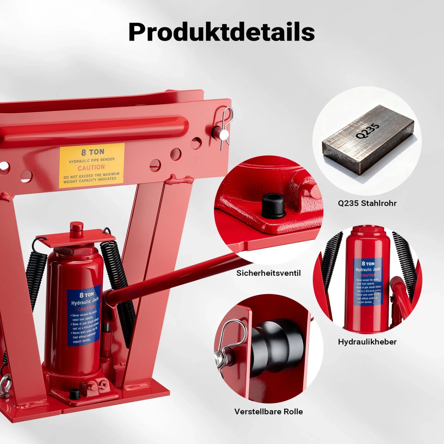 Rote Wiltec Rohrbiegemaschine hydraulisch 8T mit Details wie Hydraulikheber, Sicherheitsventil und verstellbarer Rolle.