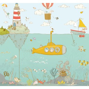 Komar Vliesfototapete Sealife: Unterwasserwelt mit U-Boot, Leuchtturm und bunten Meeresbewohnern.