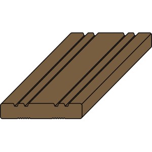 Braune Terrassendiele aus Nadelholz, druckimprägniert, mit geriffelter Oberfläche.