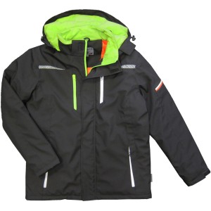 Herren-Berufsparka in Schwarz/Limette, Größe M, mit Kapuze, wind- und wasserabweisend.
