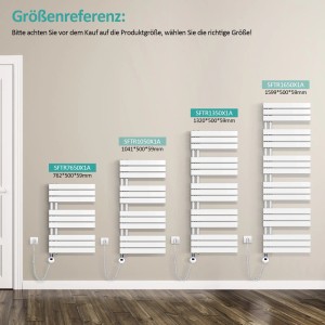 Verschiedene Größen des weißen Emke Badheizkörpers mit Thermostat und Timer an einer Wand.