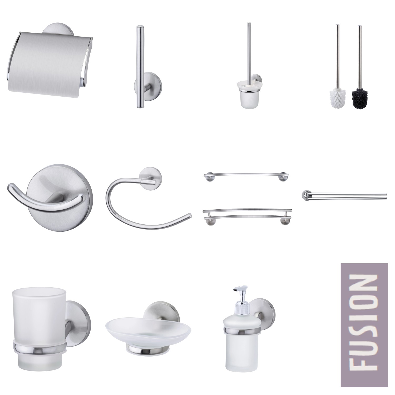Fackelmann Fusion Badhelfer Set in Edelstahloptik: Ablageschale, Halter, Seifenspender u.a.
