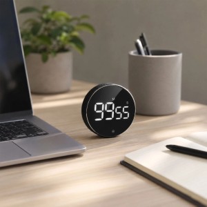 Schwarzer digitaler Küchentimer mit LED-Display auf Holzschreibtisch. Magnetischer Kurzzeitwecker mit Drehring für Küche & Büro.