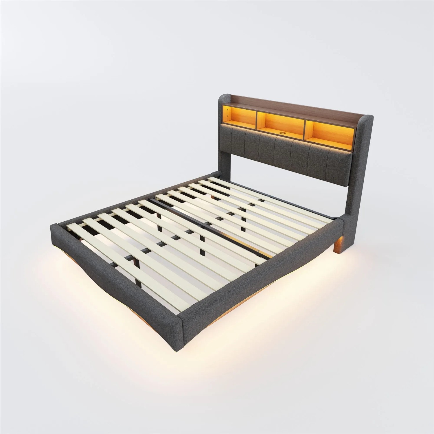 Merax Polsterbett 140x200cm LED USB-C Stauraum Leinen Grau