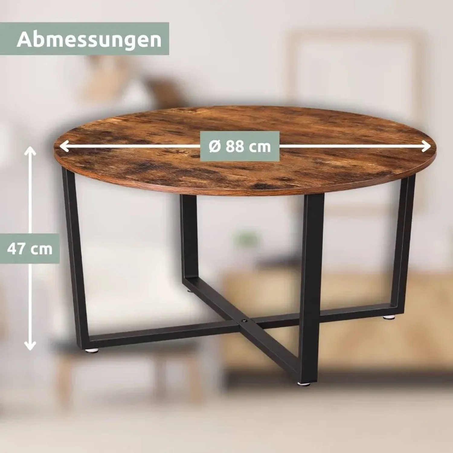 Runder holz4home Couchtisch Indie im Industrie-Stil mit schwarzem Metallgestell und Holzoptik, Durchmesser 88 cm.