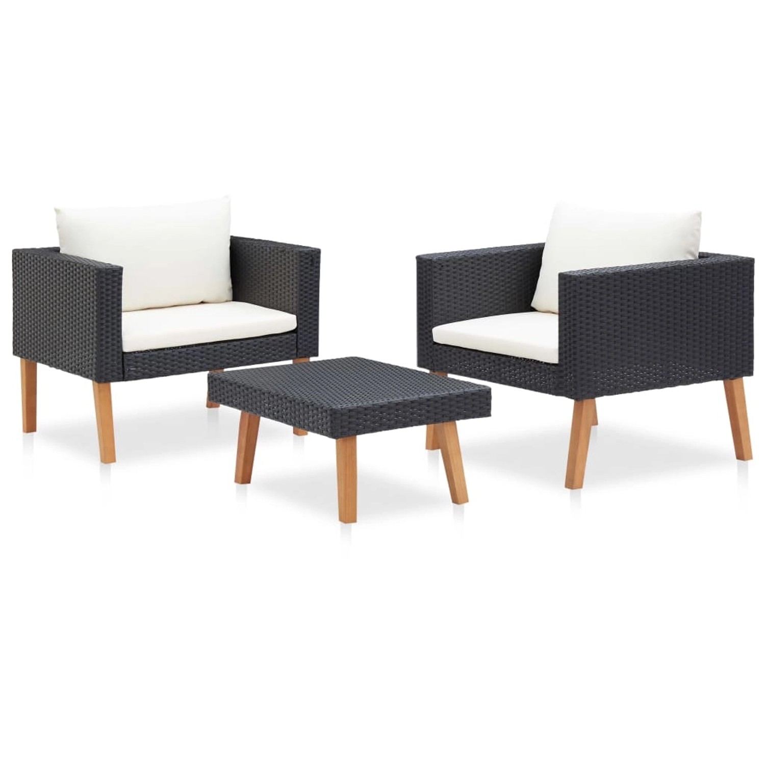 Schwarzes 3-tlg. Garten Lounge Set aus Rattan mit cremefarbenen Auflagen und Tisch.