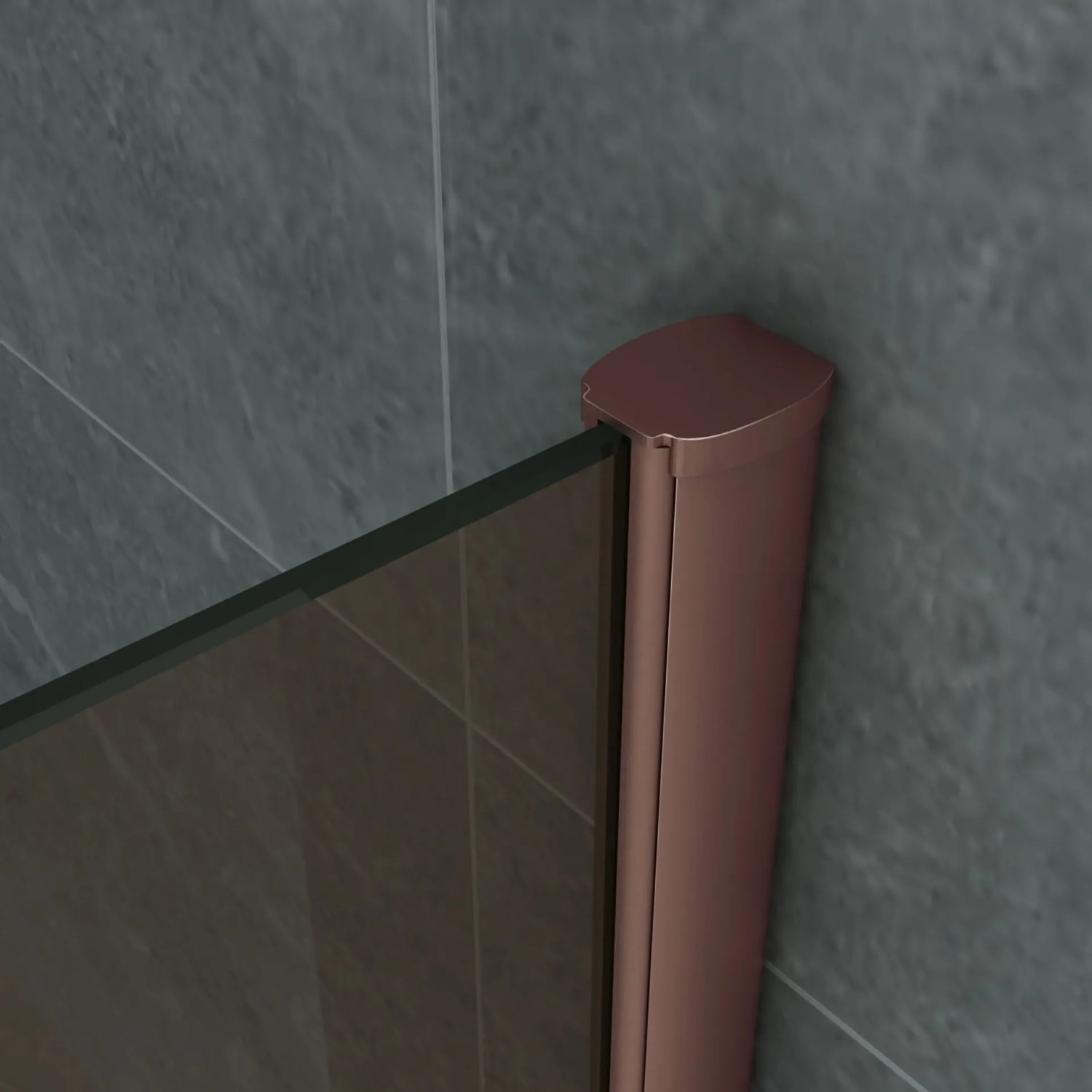 Nahaufnahme der Belvit Duschwand: bronzefarbenes 8mm Glas mit edlem Kupferprofil an grauer Wand.