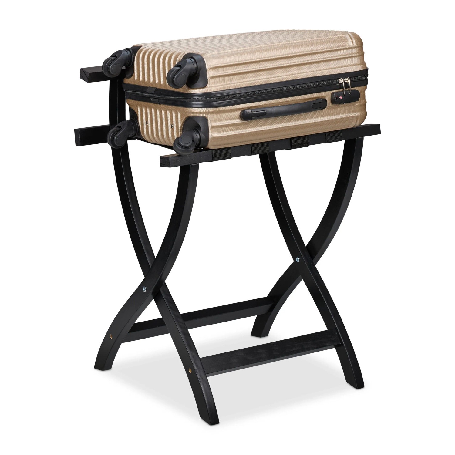 Relaxdays Kofferständer Kiefernholz Schwarz Klappbar mit Wandschutz 75 cm x 60 cm x 41 cm 2,7 kg