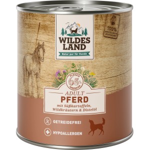 Wildes Land Hunde-Nassfutter Pferd, 800g Dose. Nassfutter mit Süßkartoffeln und Distelöl.