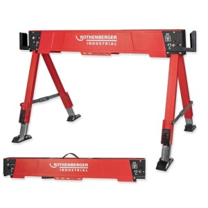 ROTHENBERGER Industrial Falt Arbeitsbock, rot, höhenverstellbar, aufgeklappt. Darunter kompakt zusammengeklappt.