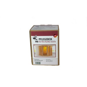 Karibu Saunazubehör Pflegebox für Innen: Reiniger, Milch, Schwämme und Handschuhe im Karton.