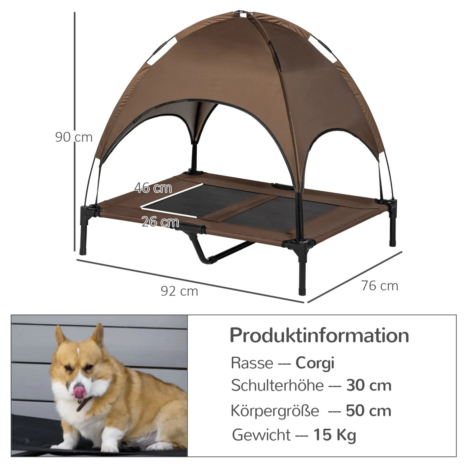 PawHut Hundebett mit Baldachin, erhöhte Hundeliege in Braun mit Schatten für den Sommer.