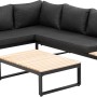 Greemotion Lounge-Set Rio, 3-teilig, Aluminium schwarz mit Akazienholz-Tisch und grauen Kissen.