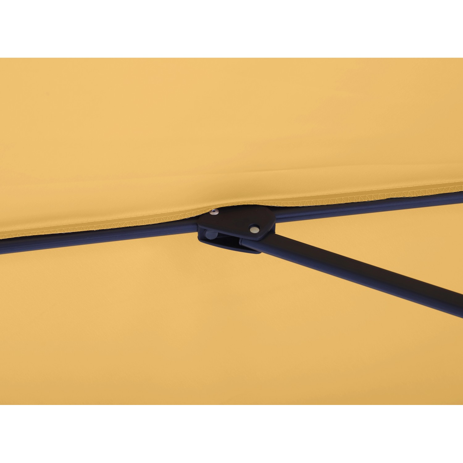 Detailaufnahme: Gelber Marktschirm (Ø 300 cm) mit Kurbelmechanik und blauem Gestell.