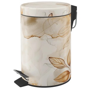 SANILO Kosmetikeimer Faylora, beige mit braunem Blattmuster. Runder Treteimer mit Fußpedal fürs Bad.