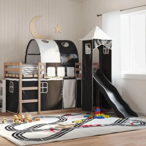 vidaXL Etagenbett mit Rutsche und Vorhängen in Weiß und Schwarz, ein Abenteuerbett für Kinder.