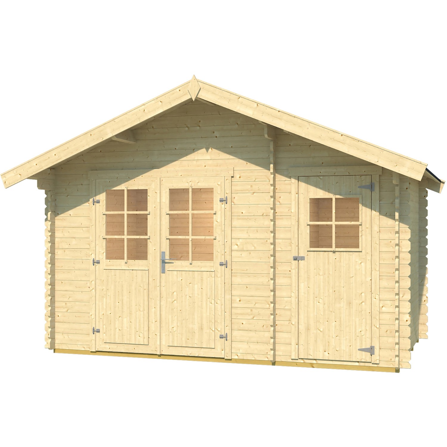 Weka Holz-Gartenhaus Brixen mit Satteldach, naturbelassen, mit zwei Türen und Fenstern.