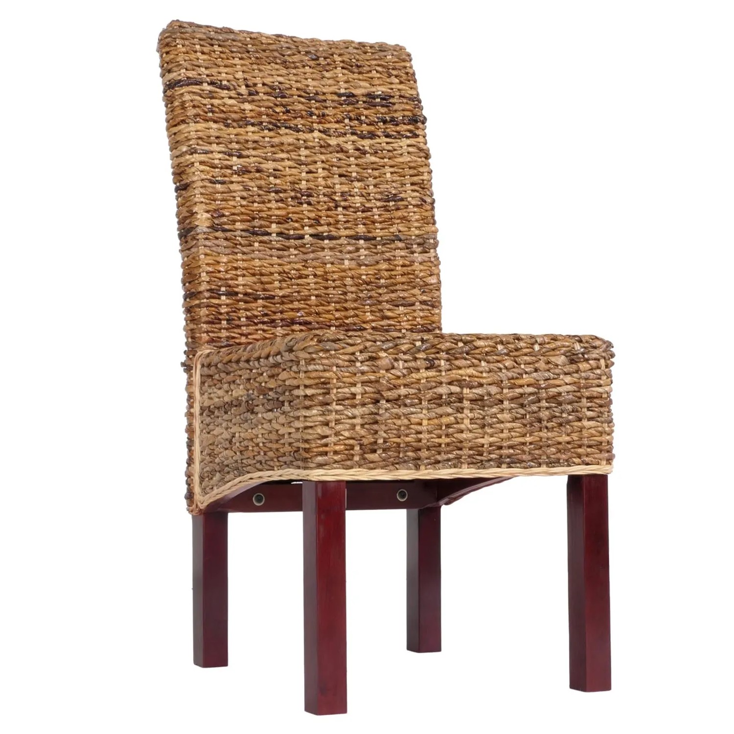 Heller Esszimmerstuhl Loiret aus Bananenblatt-Geflecht mit Mahagoni-Beinen.