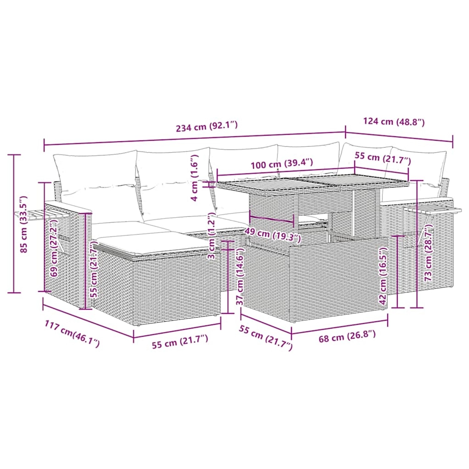Schwarze 7-tlg. Garten-Sofagarnitur aus Polyrattan mit Tisch und cremefarbenen Kissen. Gartenmöbel Set mit Maßen.