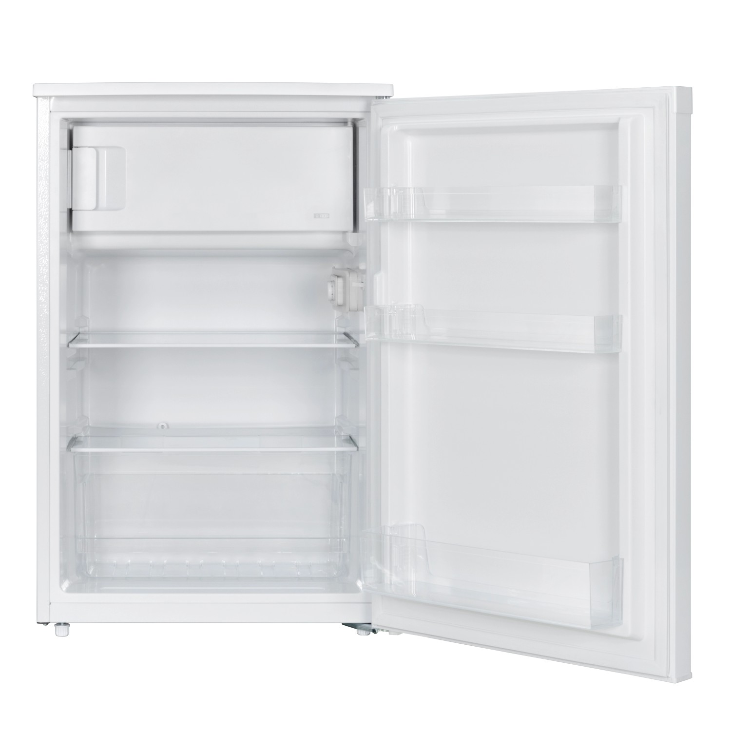 Offener, weißer PKM Kühlschrank KS115EW mit Gefrierfach und Glasablagen.