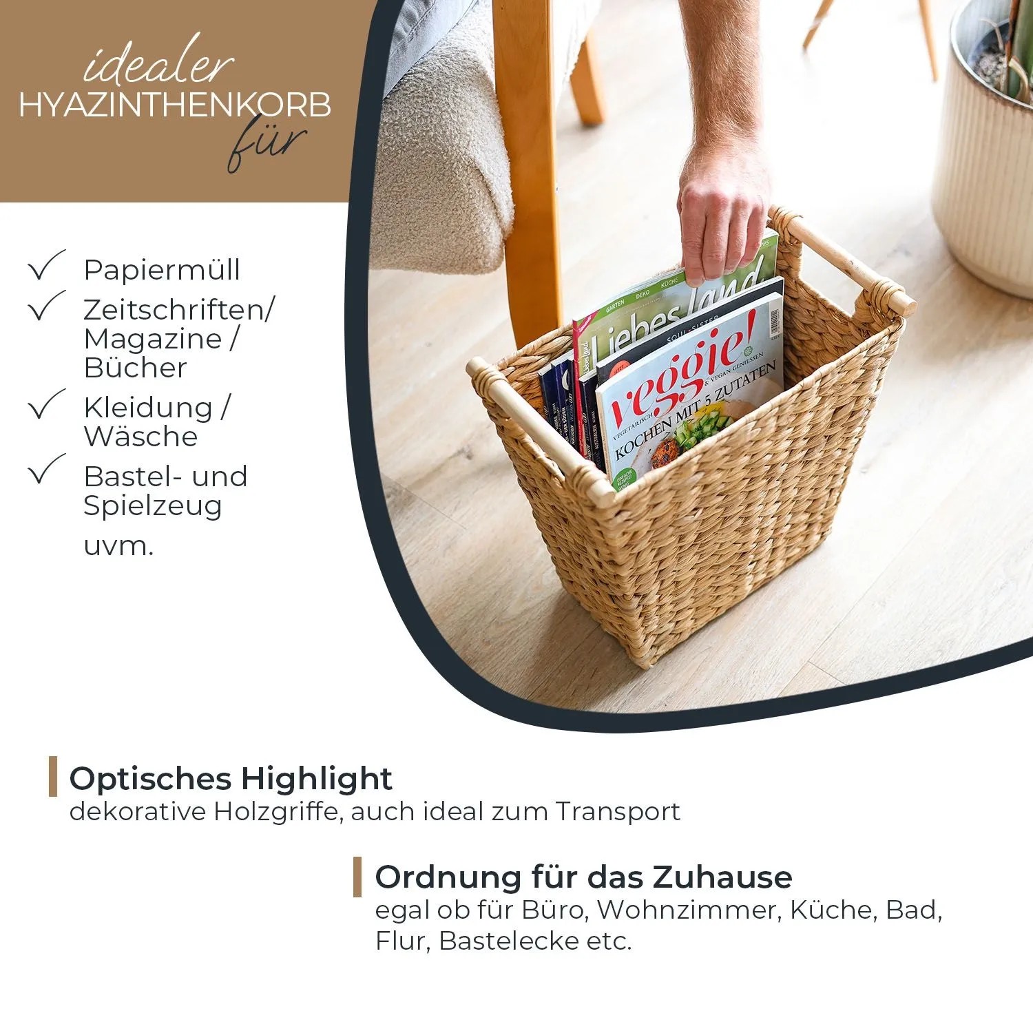 HMF 37252 Papierkorb Büro Aufbewahrungskorb mit Holzgriffen Wasserhyazinthe Trapez 36 x 19 x 33 cm_2