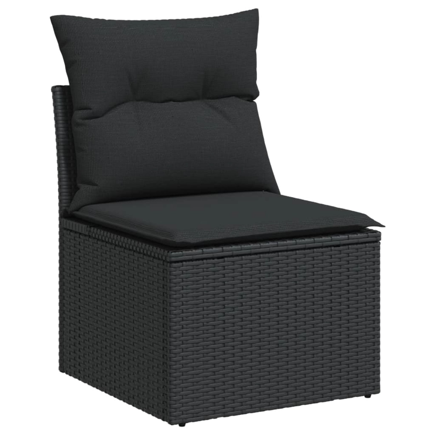 Schwarzes vidaXL Gartenmöbel Sofa aus Rattan mit Kissen, Teil einer Sofagarnitur.