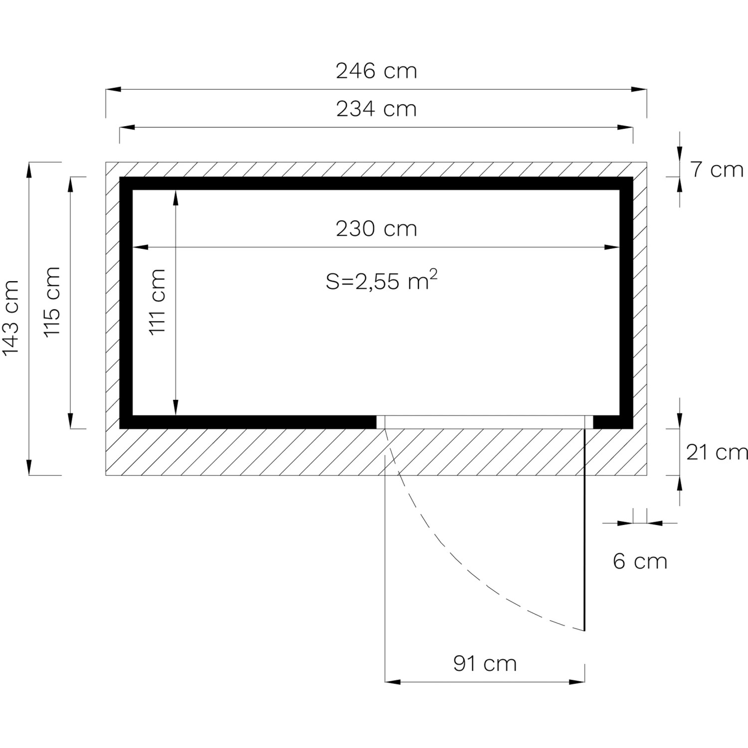 Grundriss Bertilo Gartenhaus Pentus 1 Grau, 115x234 cm, Maße und Türöffnung