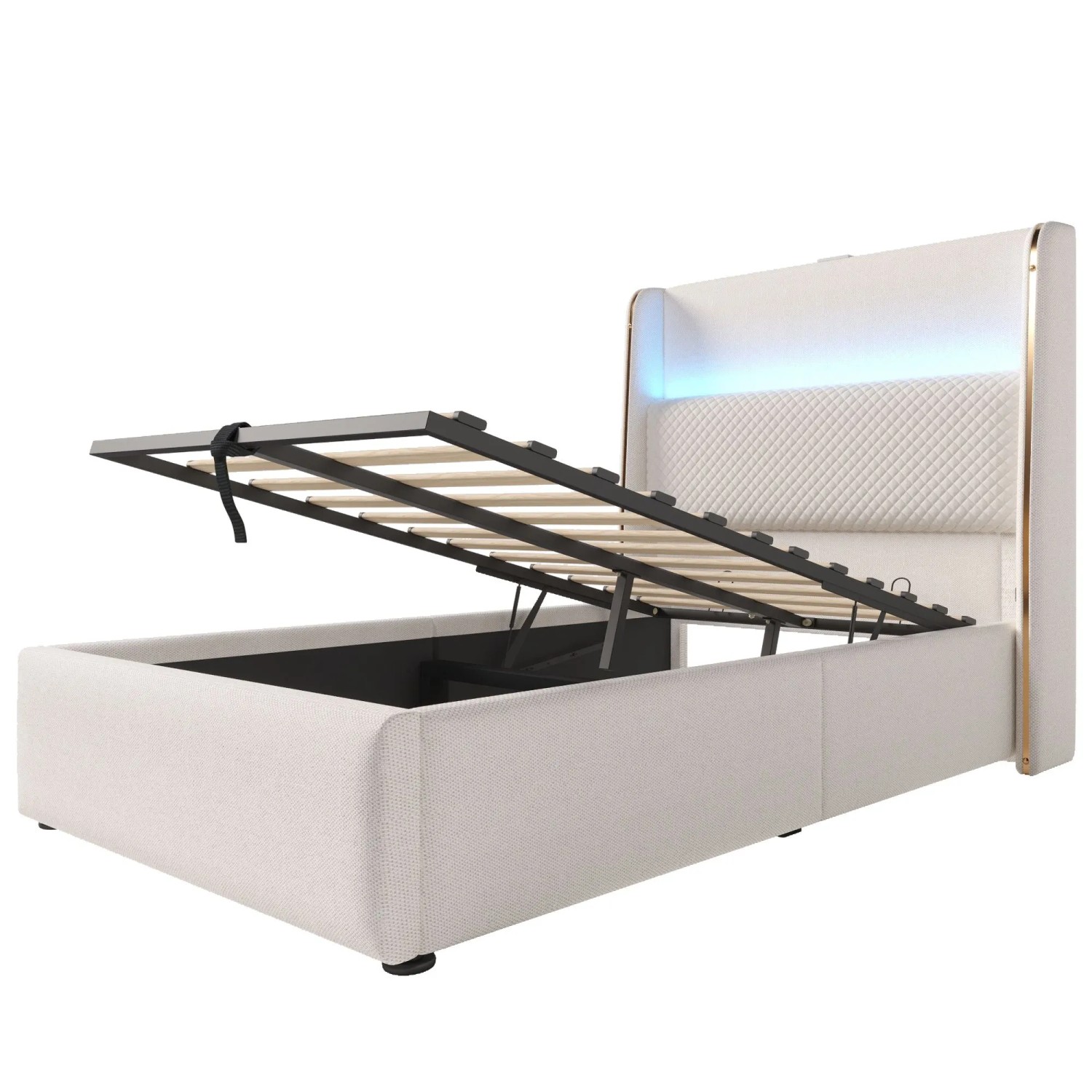okwish Hydraulisches Bett 90x200cm mit LED Beleuchtung Kinderzimmer Beige ohne Matratze