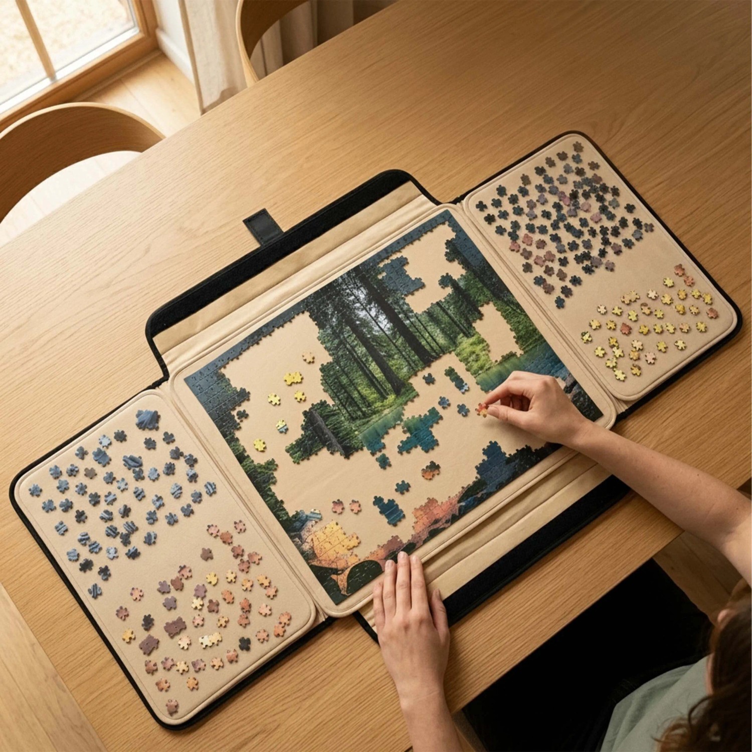 Person puzzelt auf schwarzem, beigem Relaxdays Puzzlekoffer mit Sortierfächern auf Holztisch. Rutschfeste Puzzleunterlage mit Tragegriff.