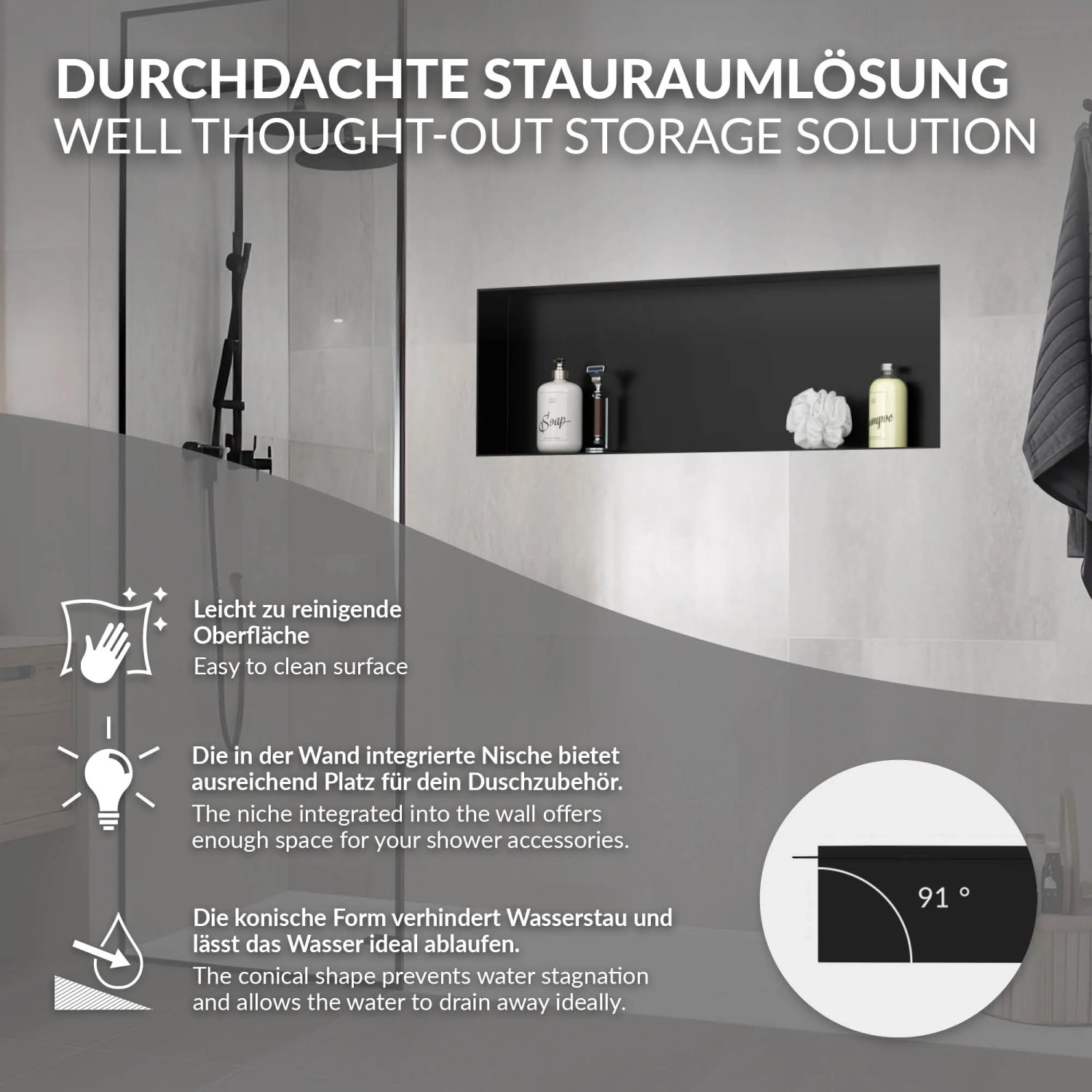 Schwarze LuxeBath Wandnische 90x30x10 cm aus Edelstahl als Duschregal.