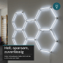 Modulare LED Deckenleuchte im Hexagon Design, kaltweißes Licht für Garage oder Werkstatt.