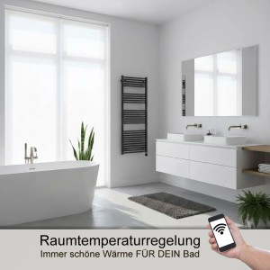 Schwarzer anapont Heizstab (600W) für Badheizkörper mit WLAN/Bluetooth Steuerung im modernen Badezimmer.