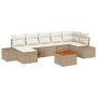 Beiges 8-teiliges Garten-Sofa-Set aus Poly Rattan mit Kissen und Tisch.