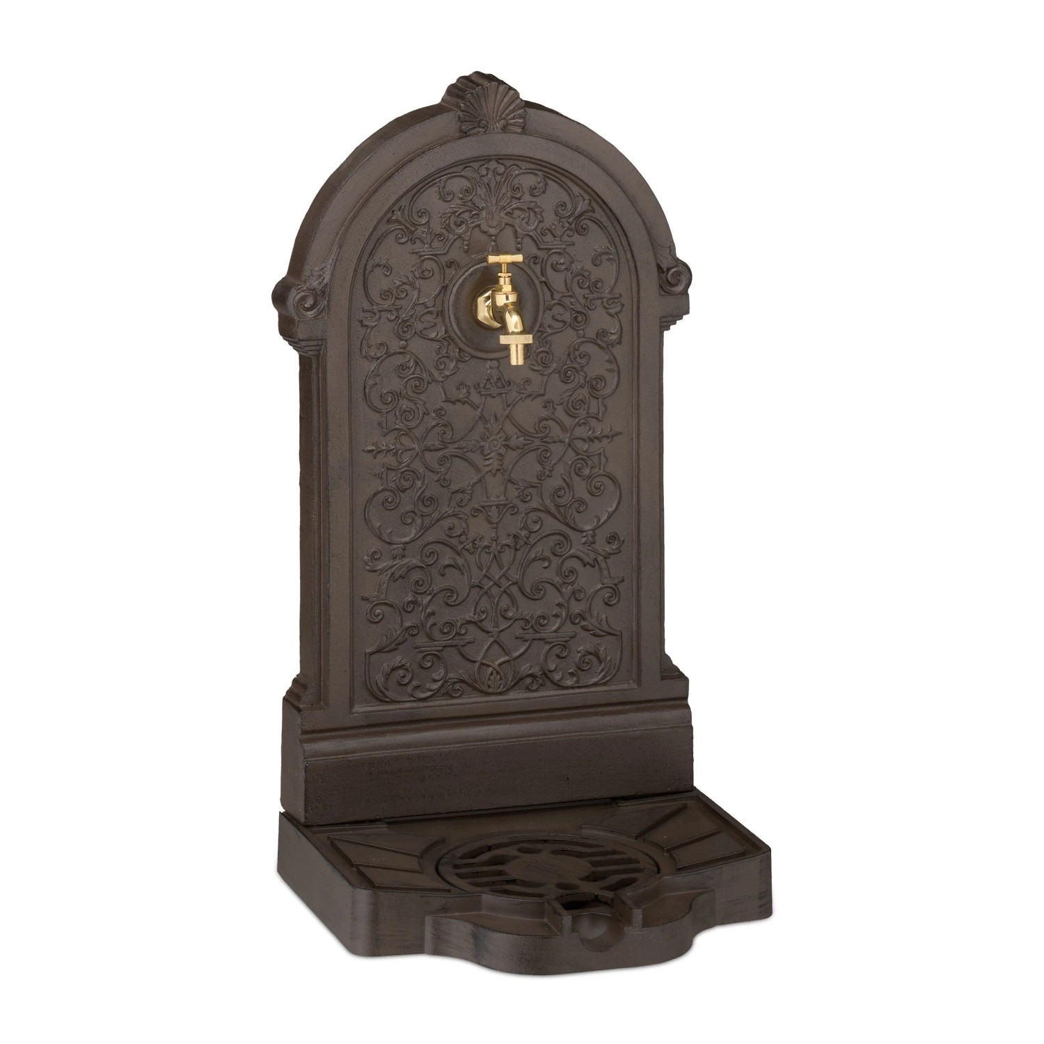 Relaxdays Standbrunnen Metall Dunkelbraun mit Wasserhahn 73 cm x 39 cm x 32 cm
