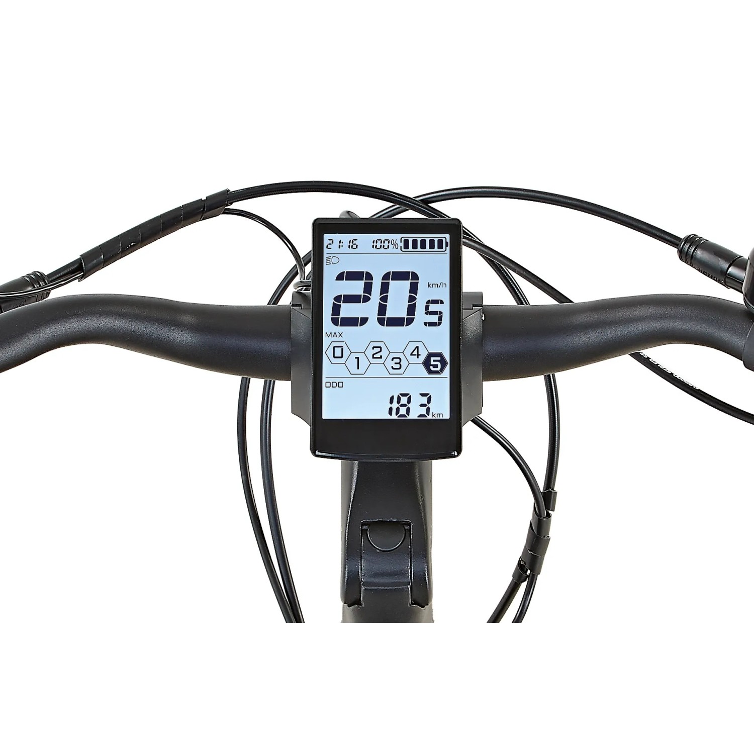 Nahaufnahme des Displays am Lenker des Prophete City E-Bike Geniesser 4.0, das Geschwindigkeit und Akkustand anzeigt.