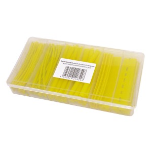Gelbes Schrumpfschlauch-Set, 100-teilig, in Sortierbox für Elektroinstallation.