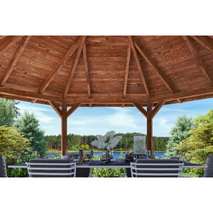 Skan Holz Pavillon Colmar 3 aus Douglasie, Ø 480 cm, Nussbraun, mit Tisch und Stühlen.