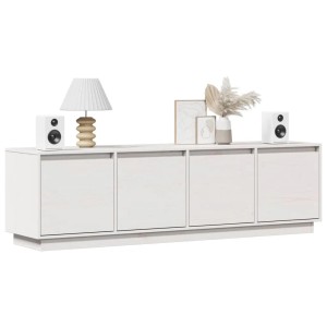 Weißer vidaXL TV-Schrank aus Kiefernholz, 156 cm breit, mit vier Fächern und Deko.